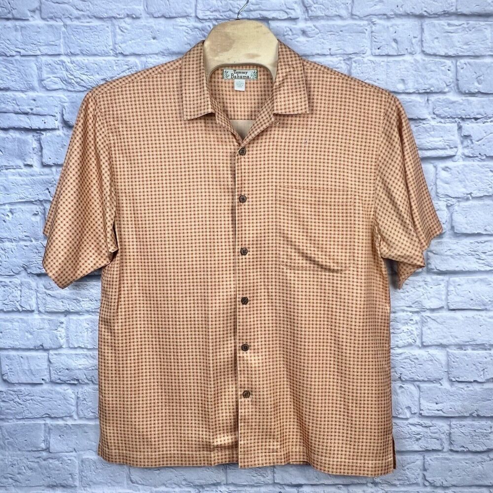 Vintage Tommy Bahama Men Orange Hawaiian Short Sleeve 100% Silk Shirt Large Flaw - Picture 2 of 7